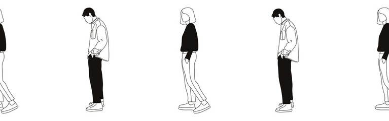 Hand-drawn doodle man and woman border. Outline people clipart. Hand-drawn black art.