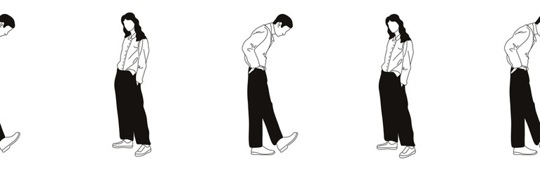 Hand-drawn doodle man and woman border. Outline people clipart. Hand-drawn black art.