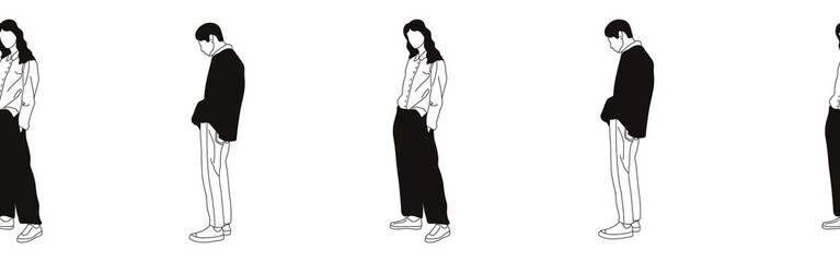 Hand-drawn doodle man and woman border. Outline people clipart. Hand-drawn black art.