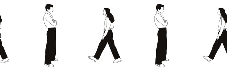 Hand-drawn doodle man and woman border. Outline people clipart. Hand-drawn black art.