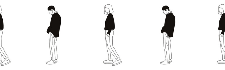 Hand-drawn doodle man and woman border. Outline people clipart. Hand-drawn black art.