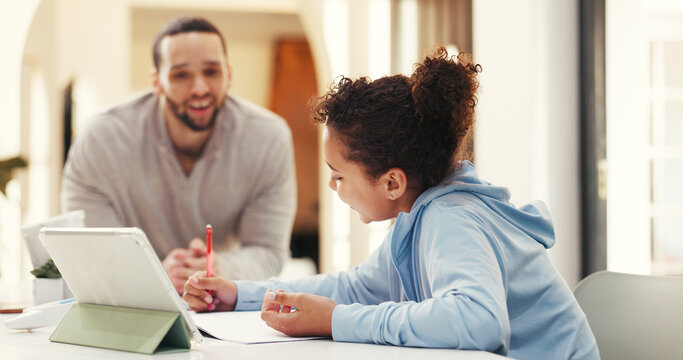 Homework, tablet and father with daughter in home for education, student support and bonding. Math tutor, elearning and homeschool teaching with man and kid in family house for child development