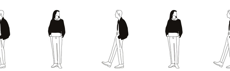 Hand-drawn doodle man and woman border. Outline people clipart. Hand-drawn black art.