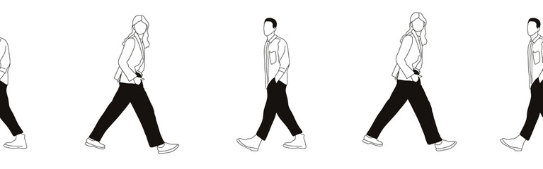 Hand-drawn doodle man and woman border. Outline people clipart. Hand-drawn black art.