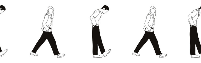 Hand-drawn doodle man and woman  border. Outline people clipart. Hand-drawn black art.