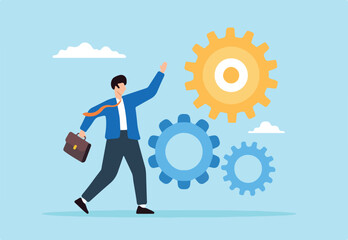 Flat illustration of business entrepreneur work with cogwheel symbolizing productivity and efficiency improvement
