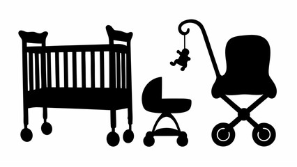 Silhouette illustration of a baby crib stroller baby carriage and a hanging baby mobile toy in black