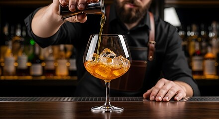 Bartender pouring cocktail into glass with ice at bar for customer