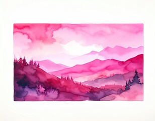 Watercolor landscape of a pink and purple mountain range