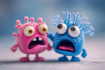 Cute Monsters and Toy Figures: Colorful Characters with Happy and Silly Expressions in Pink and Blue - Vibrant, Whimsical, and Handmade Toys for Creative Art and Children's Imagination.