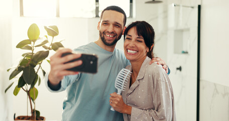Happy couple, bathroom and selfie with hug for morning routine, photography or picture in home....
