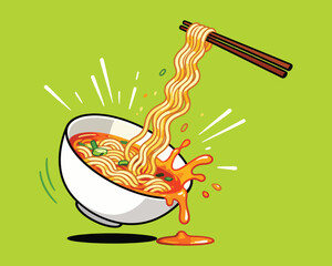 Dynamic Noodles: An illustration of steaming noodles gracefully cascading from a bowl, held by chopsticks, exuding an aroma that ignites a food adventure.