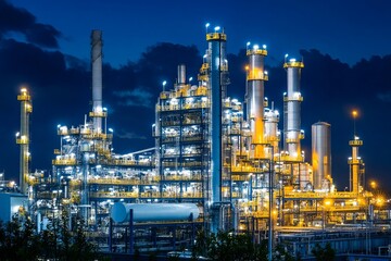 Fototapeta premium Industrial complex at night, illuminated with vibrant lights