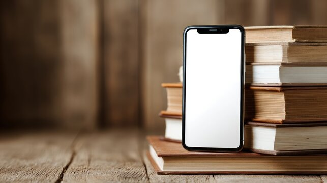 Smartphone with white screen on stack of books on wooden table with copy space, mockup concept for education app