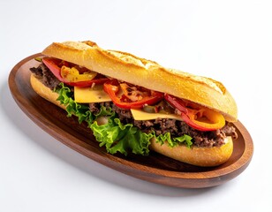 A long sandwich, filled with beef, cheese, and vegetables, rests on a wooden platter