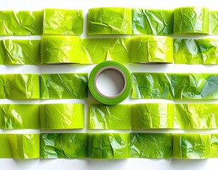 Bright green tape rolls arranged in a grid pattern on white background