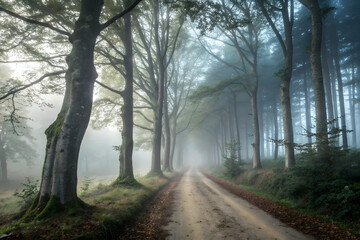 Fototapeta premium Misty forest road with tall trees creating a tunnel effect on a foggy morning showcasing nature's beauty and tranquility perfect for backgrounds and atmospheric visuals with a serene and peaceful mood