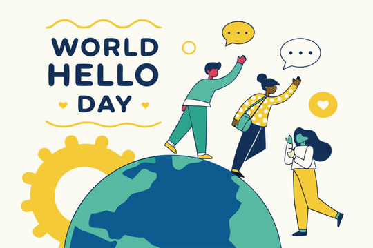 World Hello Day Vector Illustration with Diverse People Greeting Around Globe in Modern Minimalist Style