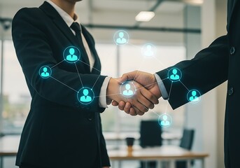 Business people shaking hands with a futuristic digital network overlay symbolizing professional connections and recruitment.