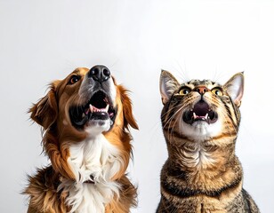 Two pets, a dog and a cat, looking upward with mouths open