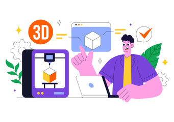 3D Printing Workshop Vector Illustration Featuring an Innovative Fabrication Process with Desktop Modeling Equipment and Computer for Printing