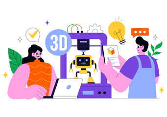 3D Printing Workshop Vector Illustration Featuring an Innovative Fabrication Process with Desktop Modeling Equipment and Computer for Printing