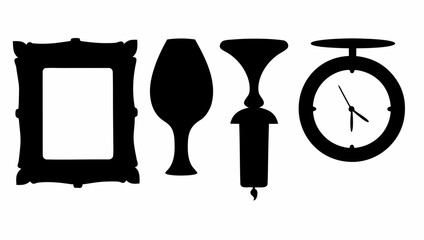 A silhouette illustration featuring a frame, a glass, a candle, and an oval clock in black and white style