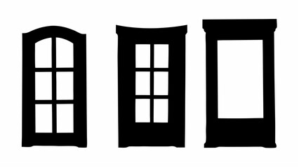 Three doors with varying designs and window configurations in a monochrome silhouette illustration style