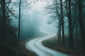 A winding, misty path through a serene, autumnal forest