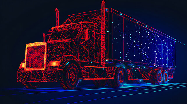 Neon wireframe rendering of a semi-truck with glowing blue and red lines on a dark background - Powered by Adobe
