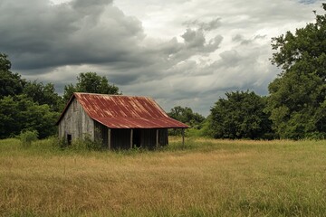 Obraz premium Rustic weathered house in a golden field under a stormy sky