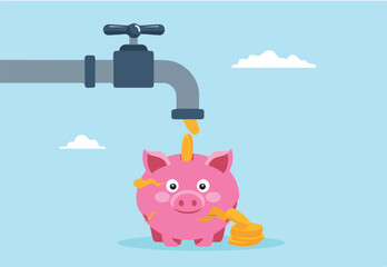 Flat illustration faucet leak money into broken piggy bank symbolizing financial loss and overspending