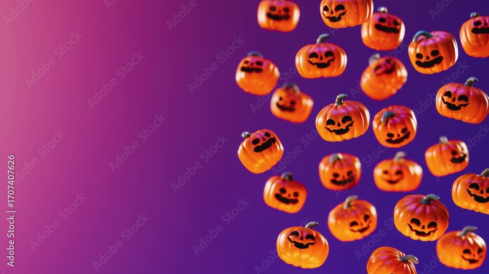 Poster happy halloween looping video with floating pumpkins on a gradient background and copy space in 3d a