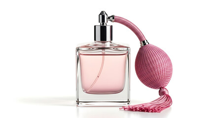 A vintage-style perfume bottle with a pink atomizer bulb, captured on a white studio background.