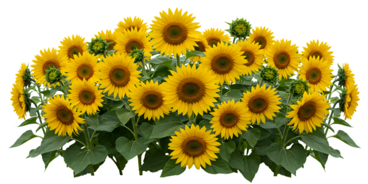 A vibrant cluster of sunflowers in full bloom isolated on transparent background
