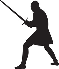 Naklejka premium Silhouette of a sword fighter in dynamic pose, perfect for medieval, combat, and fantasy designs.