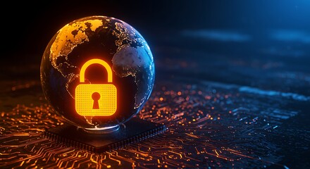 Global cybersecurity concept with a glowing padlock icon on planet Earth over a digital circuit board.