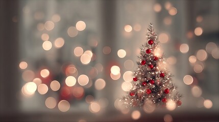 Dreamy Christmas tree bokeh in green, yellow, and golden tones with large soft glowing light orbs on a fully blurred festive background, elegant holiday abstract backdrop with copy space