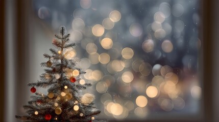 Dreamy Christmas tree bokeh in green, yellow, and golden tones with large soft glowing light orbs on a fully blurred festive background, elegant holiday abstract backdrop with copy space