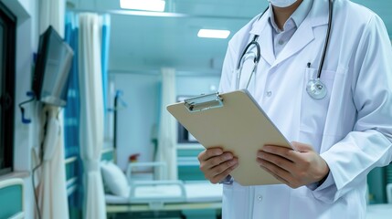 A physician specializing in medical science stands in the ward, writing medical records on a clipboard. 