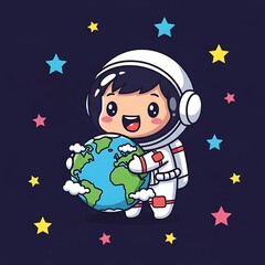 Cute Astronaut Hugging Planet Earth Among Stars.