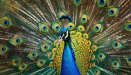 Obraz premium A magnificent peacock displays its vibrant plumage, showcasing a stunning array of blues, greens, and golds.