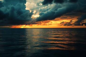 Dramatic sunset over a calm sea, dark storm clouds looming