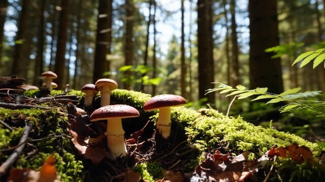 Groupe de champignons poussant dans la for&ecirc;t sur de la mousse.