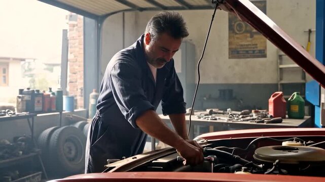 M&eacute;canicien professionnel r&eacute;parant un moteur de voiture dans son garage.