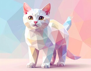 Fototapeta premium An adorable white cat created in a modern low poly geometric style. This cute and stylized 3D pet has a soft pastel color palette, perfect for modern designs.