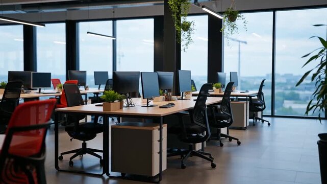 Bureau d'entreprise moderne et vide avec plantes.