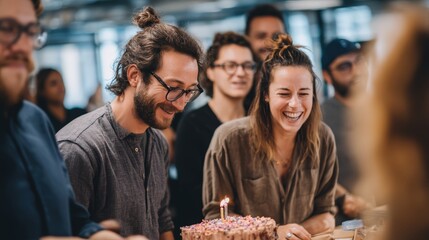 Group of people are gathered around a birthday cake, with a man