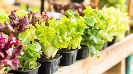 Row of potted leaf lettuce varieties displayed on a wooden shelf in a garden or market setting