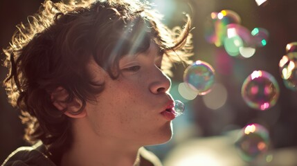 Man blowing bubbles with a pink bubblegum